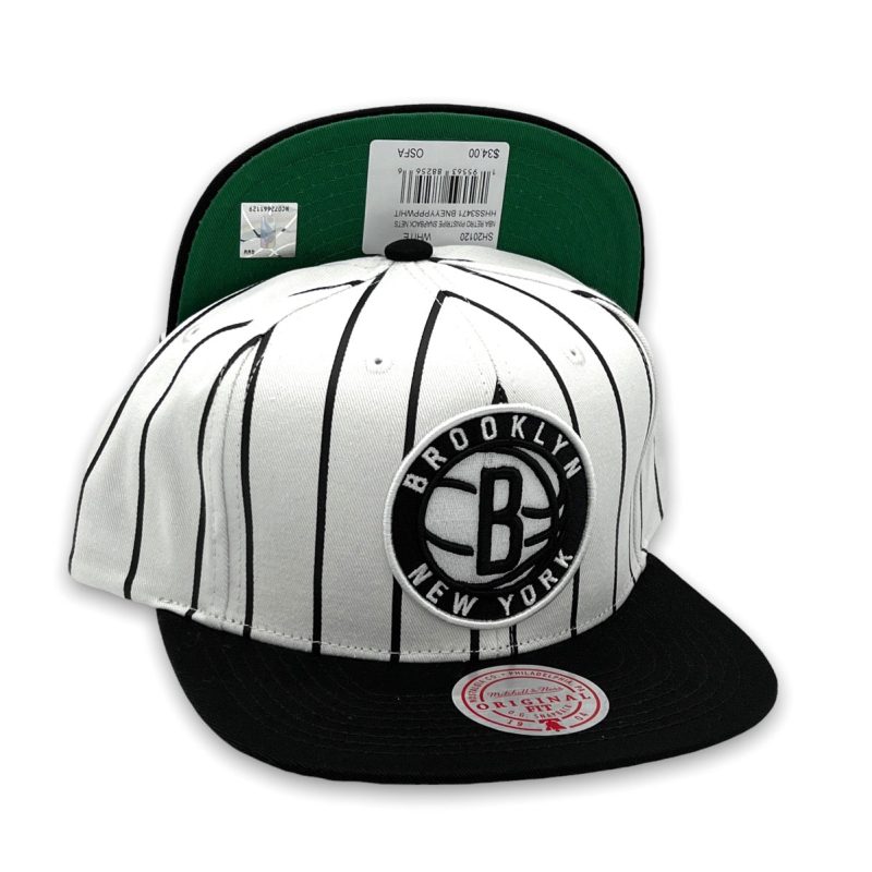 BrooklynNetsRetroPinstripeNBAMitchell NessWhite BlackSnapbackHat